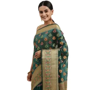 Generic Women's Organza Printed Saree With Unstitched Blouse (Sea Green, 5-6 Mtrs)