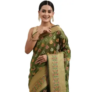 Generic Women's Organza Printed Saree With Unstitched Blouse (Mahendi, 5-6 Mtrs)