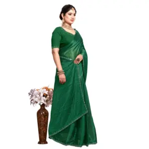 Generic Women's Georgette Satin Silk Saree With Unstitched Blouse 5.5Mtr (Green)