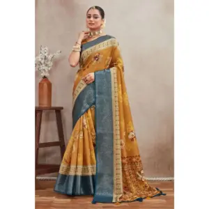 Generic Women's Crepe Silk Printed Saree With Unstitched Blouse 5.5Mtr (Mustard)