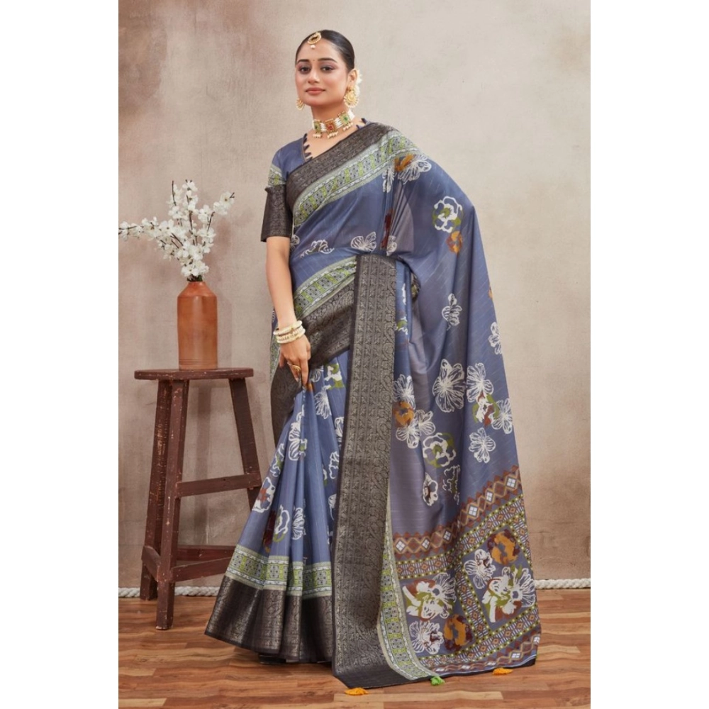 Generic Women's Crepe Silk Printed Saree With Unstitched Blouse 5.5Mtr (Grey) - Image 4