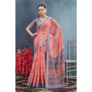 Generic Women's Linen Floral Printed Saree With Unstitched Blouse 5.5Mtr (Peach)