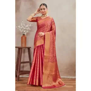 Generic Women's Silk Blend Floral Printed Saree With Unstitched Blouse 5.5Mtr (Pink)