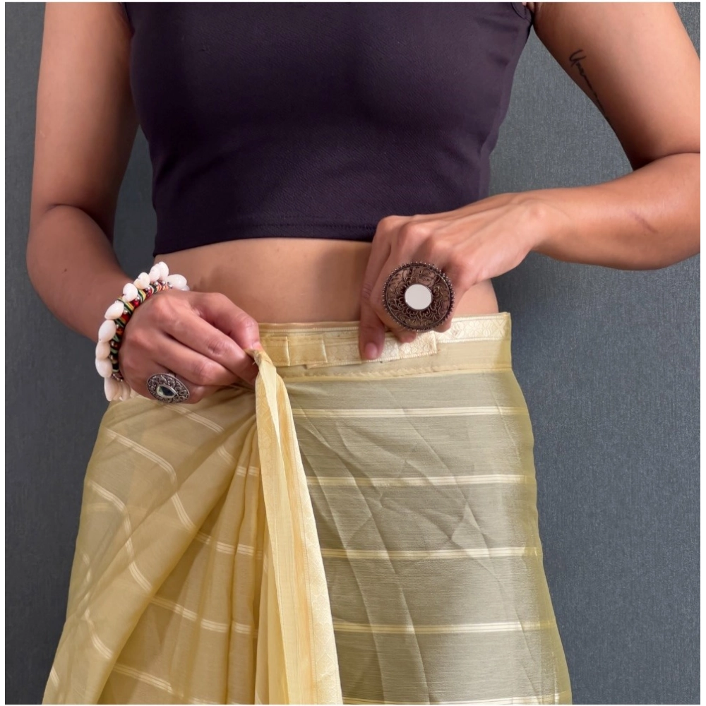 Generic Women's Chiffon Striped Ready to wear Saree With Unstitched Blouse 5.5 Mtr (Yellow) - Image 2