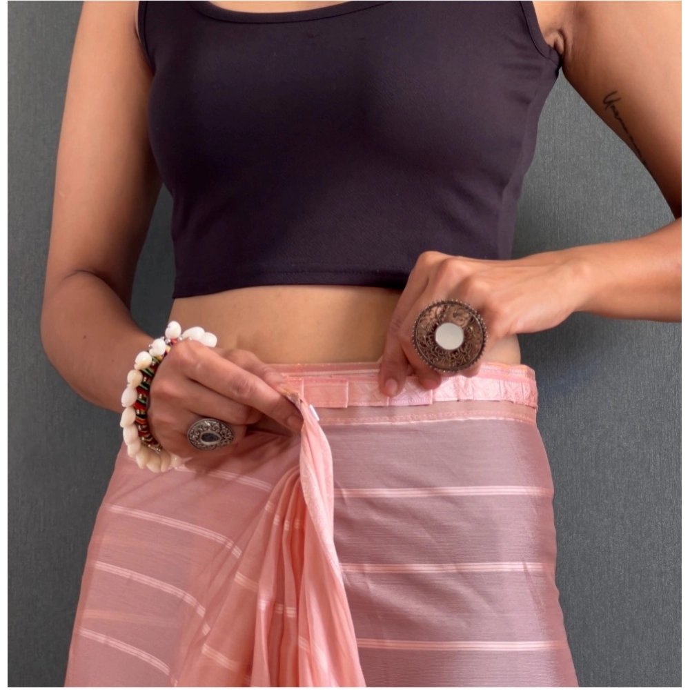 Generic Women's Chiffon Striped Ready to wear Saree With Unstitched Blouse 5.5 Mtr (Peach) - Image 3