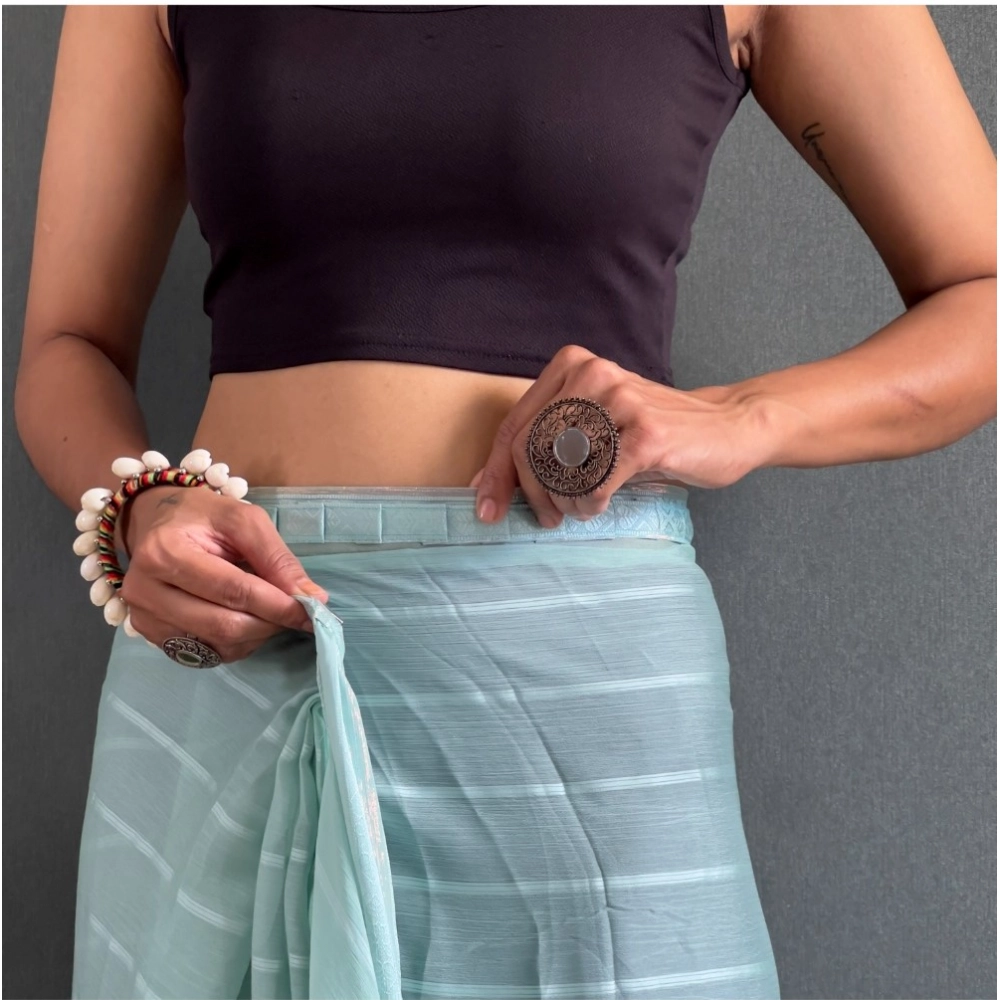 Generic Women's Chiffon Striped Ready to wear Saree With Unstitched Blouse 5.5 Mtr (Sky) - Image 2