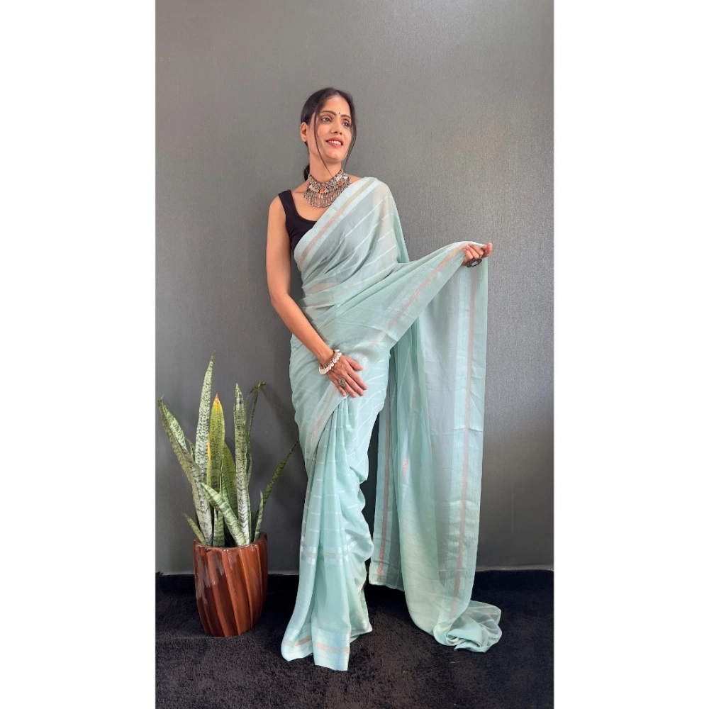 Generic Women's Chiffon Striped Ready to wear Saree With Unstitched Blouse 5.5 Mtr (Sky) - Image 3