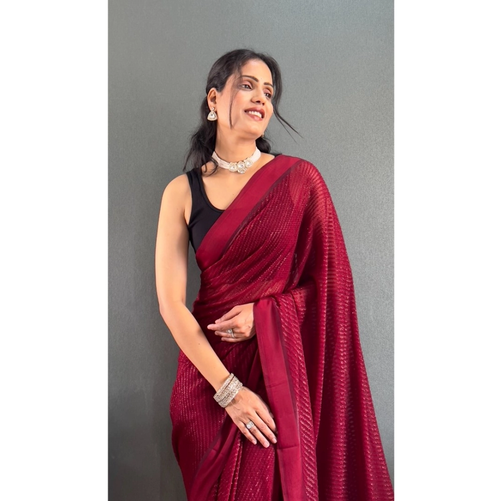 Generic Women's Chiffon Solid Ready to wear Saree With Unstitched Blouse 5.5 Mtr (Maroon) - Image 2