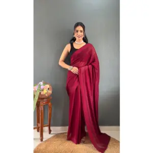 Generic Women's Chiffon Solid Ready to wear Saree With Unstitched Blouse 5.5 Mtr (Maroon)
