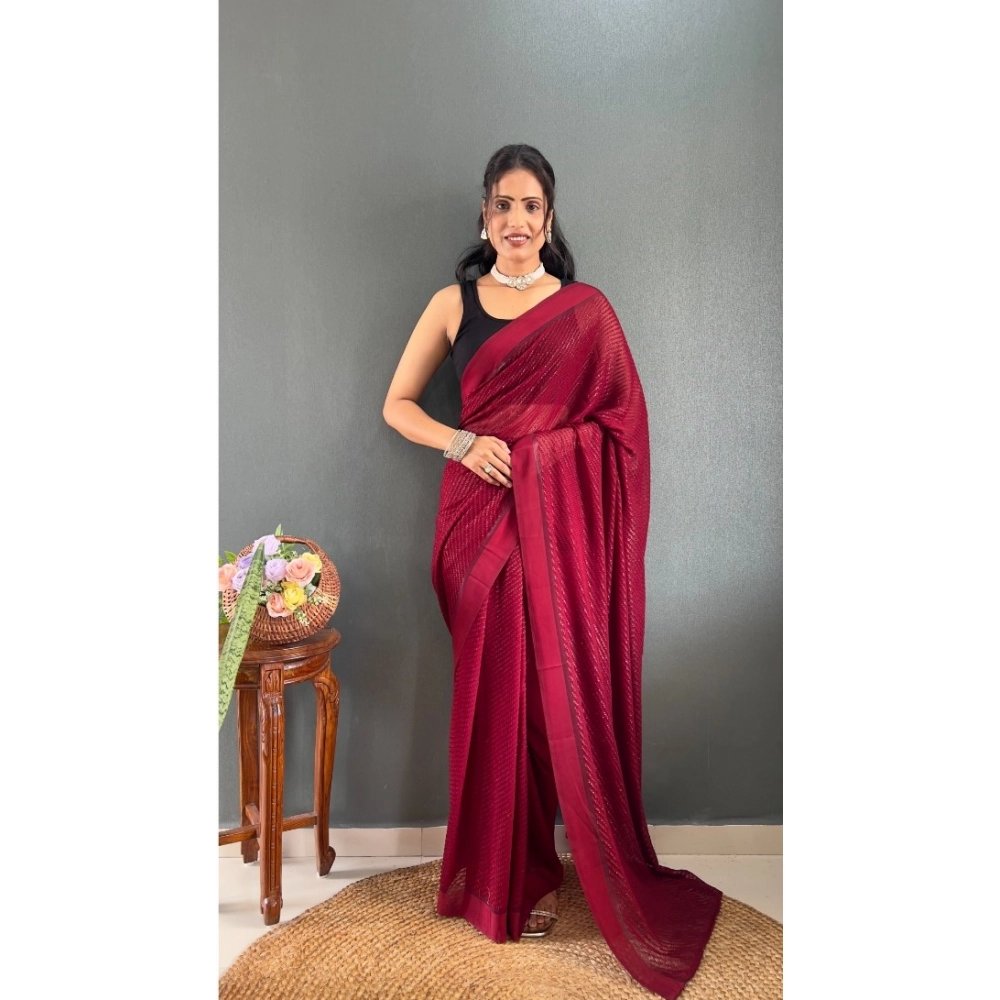 Generic Women's Chiffon Solid Ready to wear Saree With Unstitched Blouse 5.5 Mtr (Maroon)