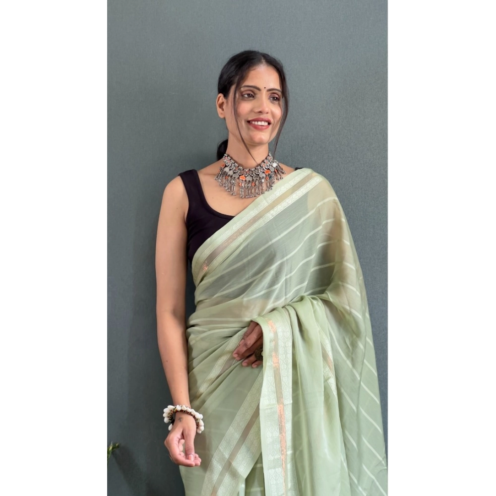 Generic Women's Chiffon Striped Ready to wear Saree With Unstitched Blouse 5.5 Mtr (Pista ) - Image 3