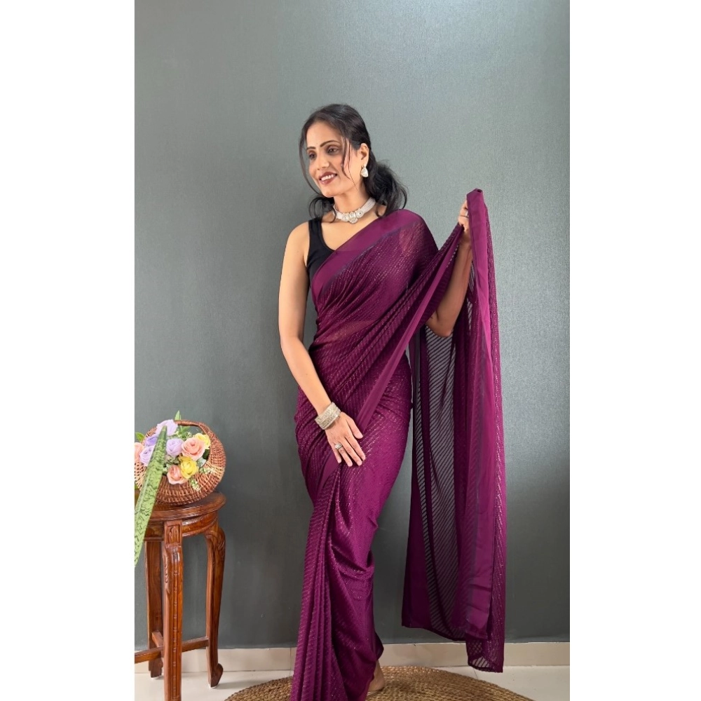 Generic Women's Chiffon Solid Ready to wear Saree With Unstitched Blouse 5.5 Mtr (Wine ) - Image 2