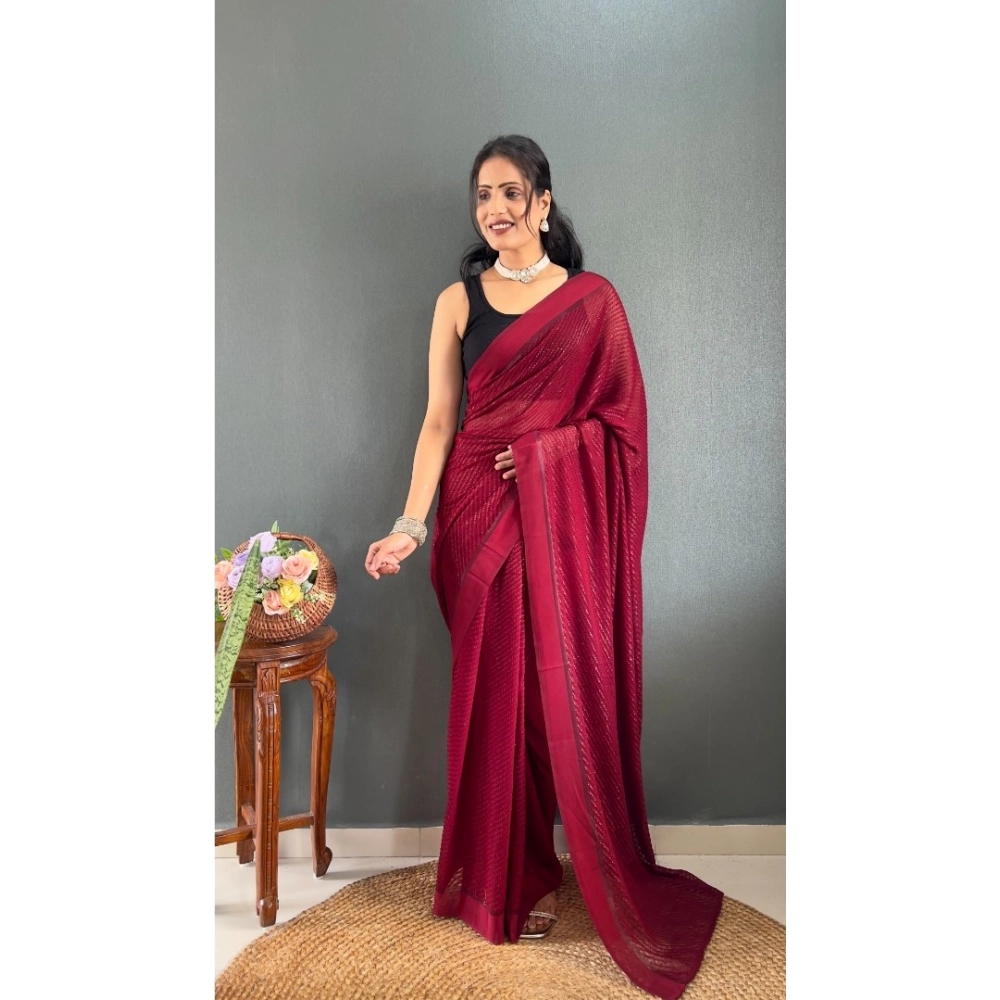Generic Women's Chiffon Solid Ready to wear Saree With Unstitched Blouse 5.5 Mtr (Maroon) - Image 3