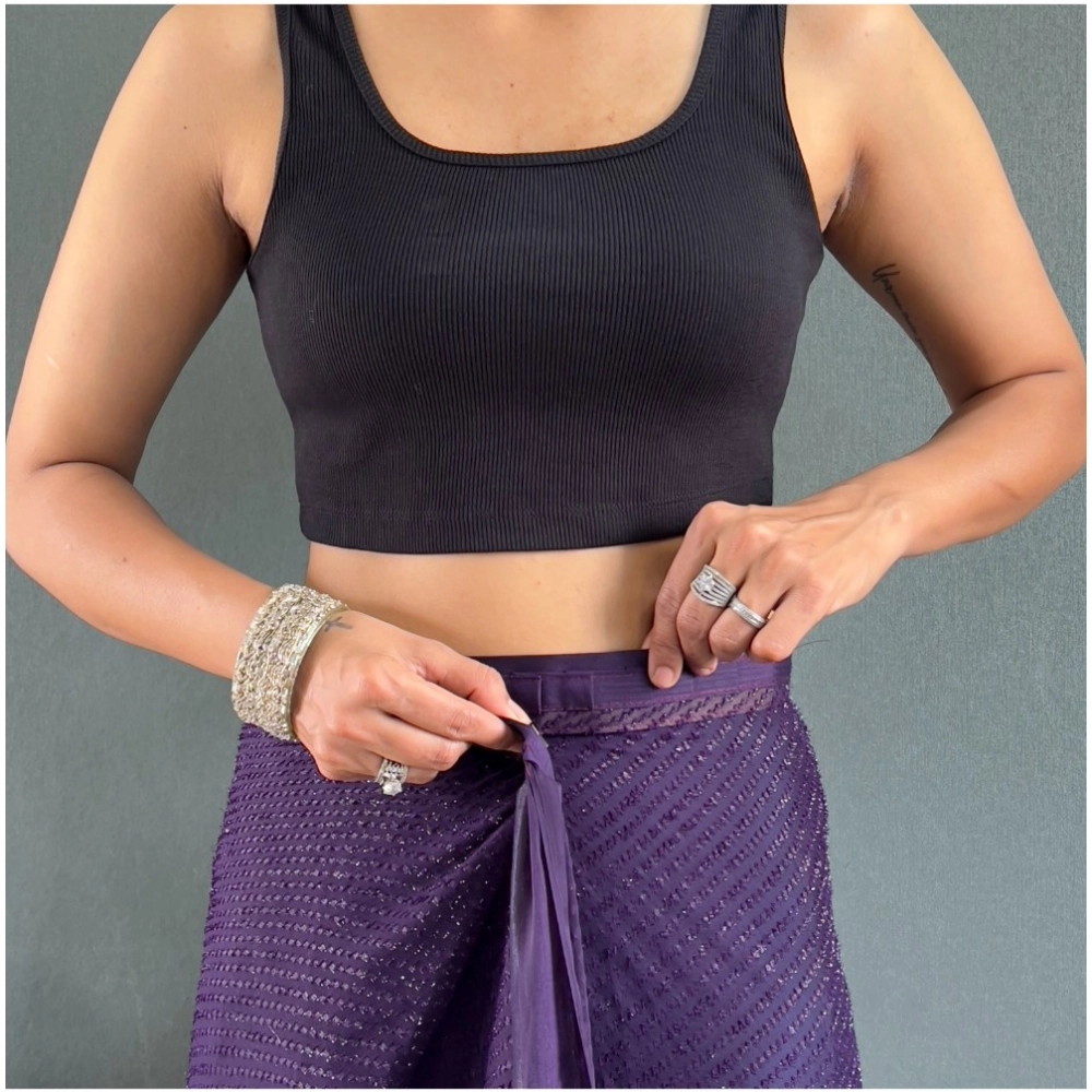 Generic Women's Chiffon Solid Ready to wear Saree With Unstitched Blouse 5.5 Mtr (Purple) - Image 2