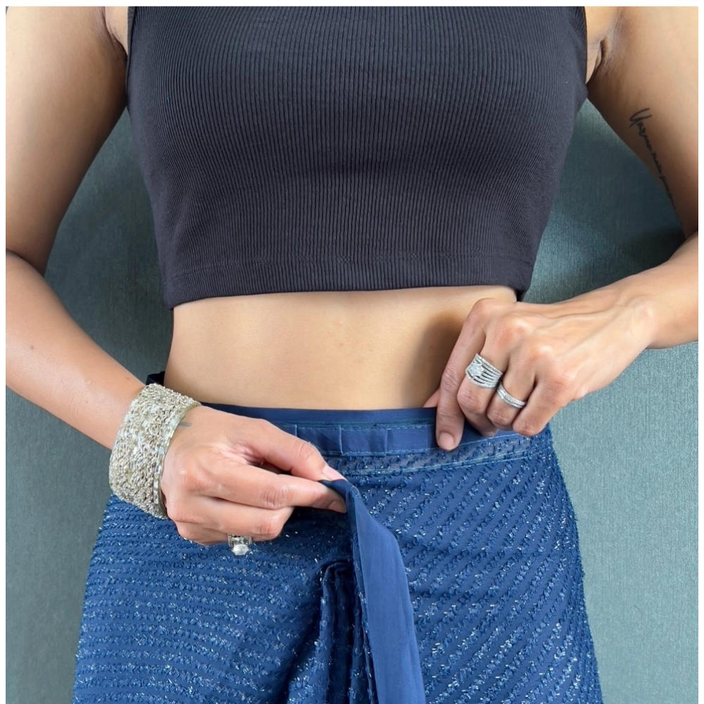 Generic Women's Chiffon Solid Ready to wear Saree With Unstitched Blouse 5.5 Mtr (Blue ) - Image 3