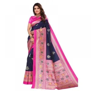 Generic Women's Litchi silk Printed Saree With Unstitched Blouse  5-6 Mtrs (Navy Blue)