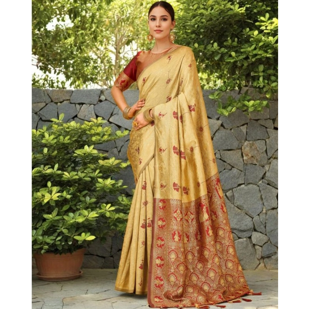Generic Women's Silk Blend Woven Paithani Saree With Unstitched Blouse 5.5Mtr (Beige) - Image 4