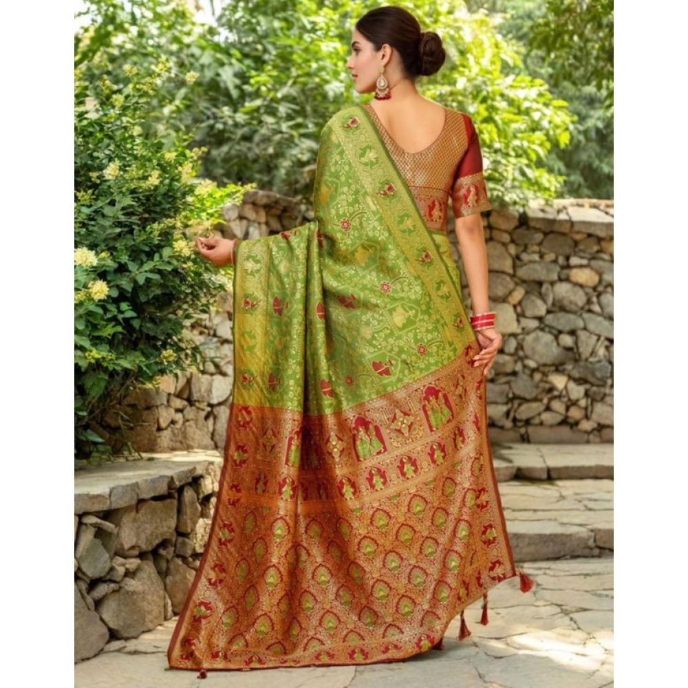 Generic Women's Silk Blend Woven Paithani Saree With Unstitched Blouse 5.5Mtr (Light Green) - Image 2