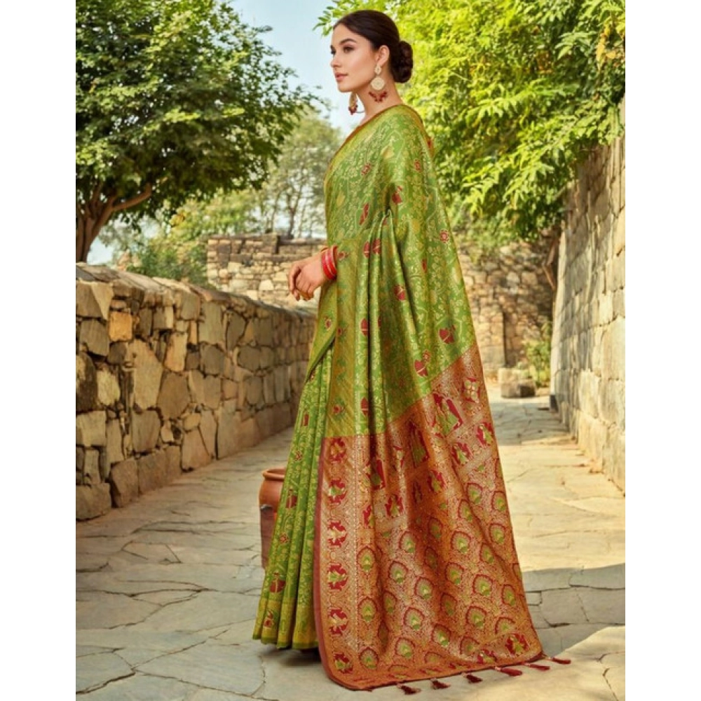 Generic Women's Silk Blend Woven Paithani Saree With Unstitched Blouse 5.5Mtr (Light Green) - Image 3