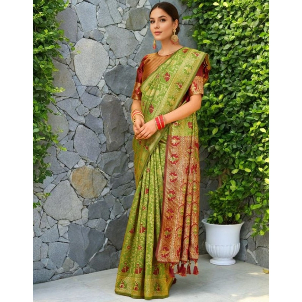 Generic Women's Silk Blend Woven Paithani Saree With Unstitched Blouse 5.5Mtr (Light Green) - Image 4