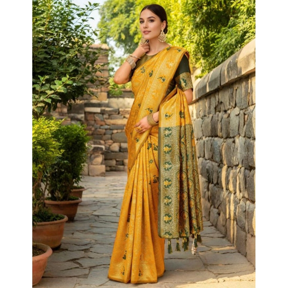 Generic Women's Silk Blend Woven Paithani Saree With Unstitched Blouse 5.5Mtr (Mustard) - Image 3