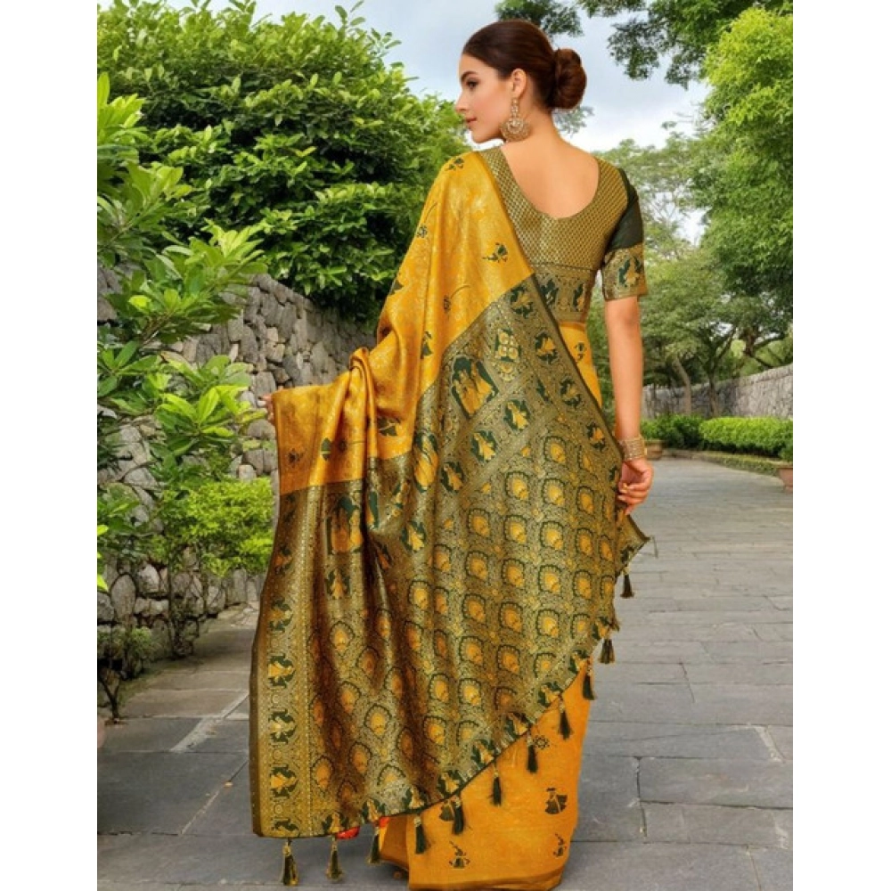 Generic Women's Silk Blend Woven Paithani Saree With Unstitched Blouse 5.5Mtr (Mustard) - Image 2