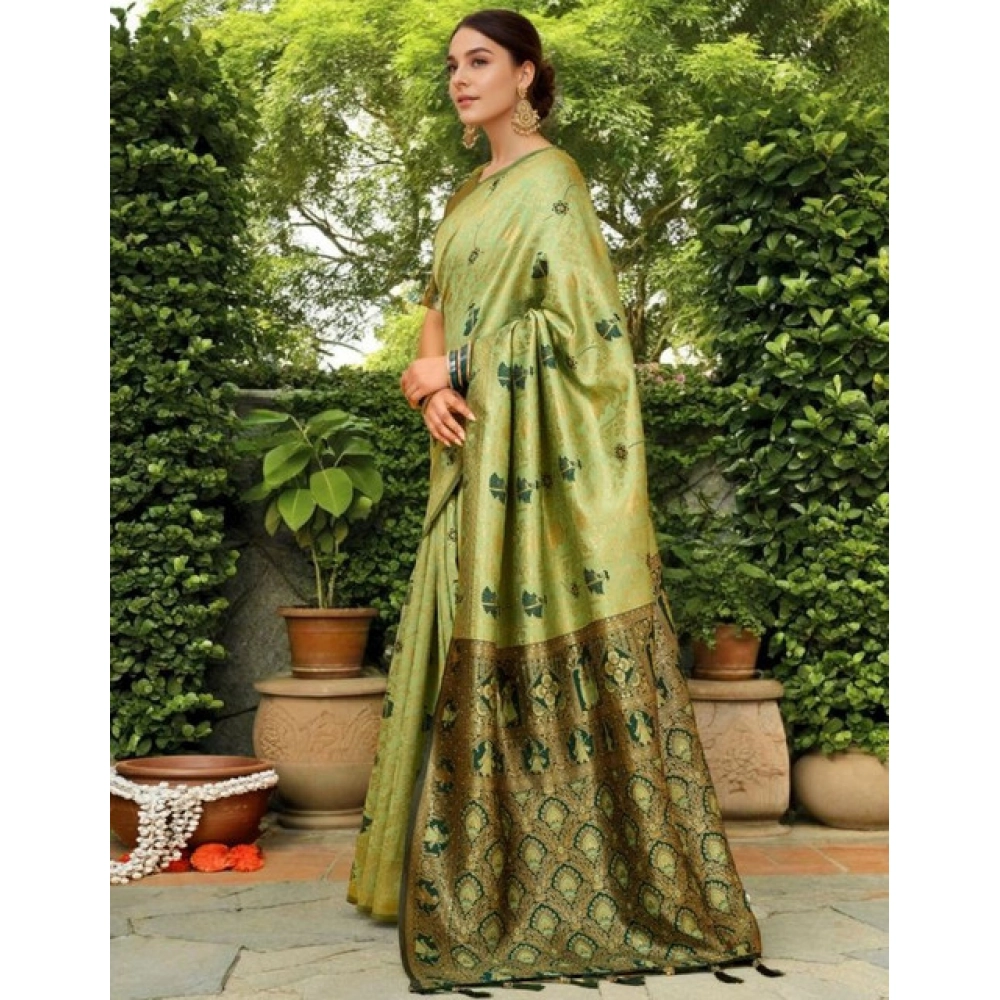 Generic Women's Silk Blend Woven Paithani Saree With Unstitched Blouse 5.5Mtr (Olive) - Image 4