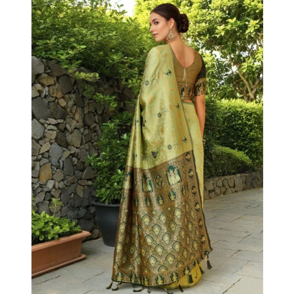 Generic Women's Silk Blend Woven Paithani Saree With Unstitched Blouse 5.5Mtr (Olive) - Image 2
