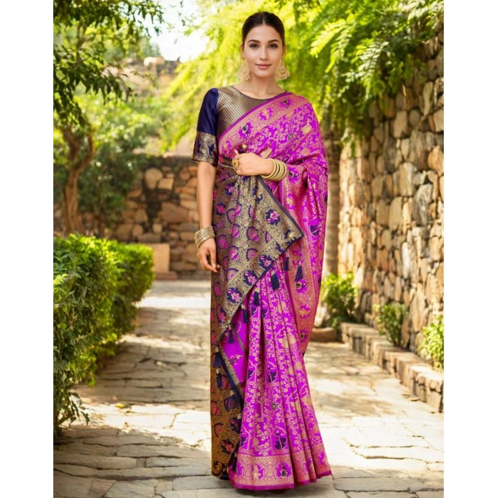 Generic Women's Silk Blend Woven Paithani Saree With Unstitched Blouse 5.5Mtr (Pink) - Image 3