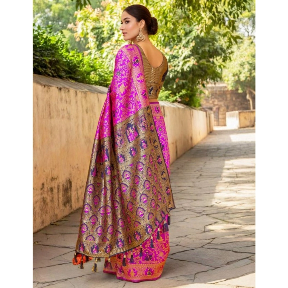 Generic Women's Silk Blend Woven Paithani Saree With Unstitched Blouse 5.5Mtr (Pink) - Image 2