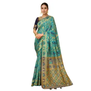 Generic Women's Silk Blend Woven Paithani Saree With Unstitched Blouse 5.5Mtr (Rama)