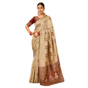 Generic Women's Silk Blend Woven Zari Work Saree With Unstitched Blouse 5.5Mtr (Beige)