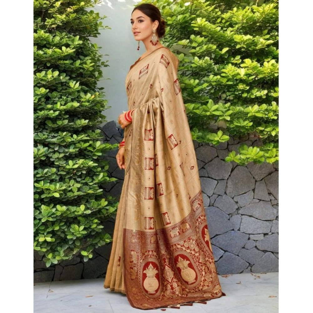 Generic Women's Silk Blend Woven Zari Work Saree With Unstitched Blouse 5.5Mtr (Beige) - Image 4