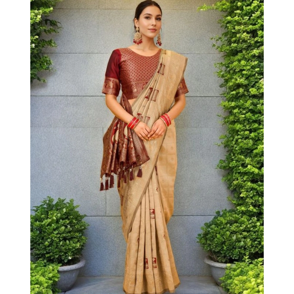 Generic Women's Silk Blend Woven Zari Work Saree With Unstitched Blouse 5.5Mtr (Beige) - Image 3