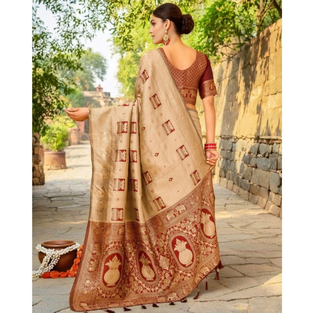 Generic Women's Silk Blend Woven Zari Work Saree With Unstitched Blouse 5.5Mtr (Beige) - Image 2