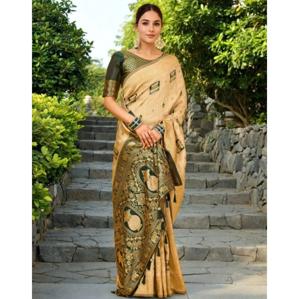 Generic Women's Silk Blend Woven Zari Work Saree With Unstitched Blouse 5.5Mtr (Cream) - Image 2