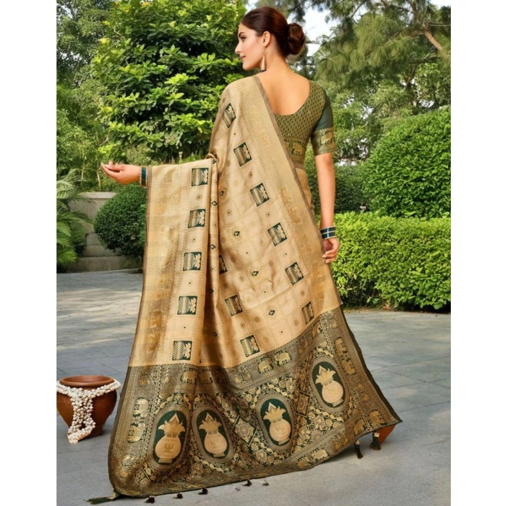 Generic Women's Silk Blend Woven Zari Work Saree With Unstitched Blouse 5.5Mtr (Cream) - Image 4