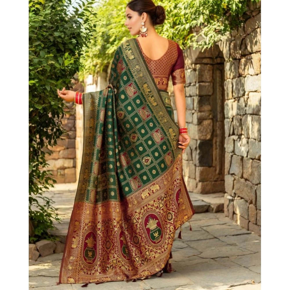 Generic Women's Silk Blend Woven Zari Work Saree With Unstitched Blouse 5.5Mtr (Green) - Image 3
