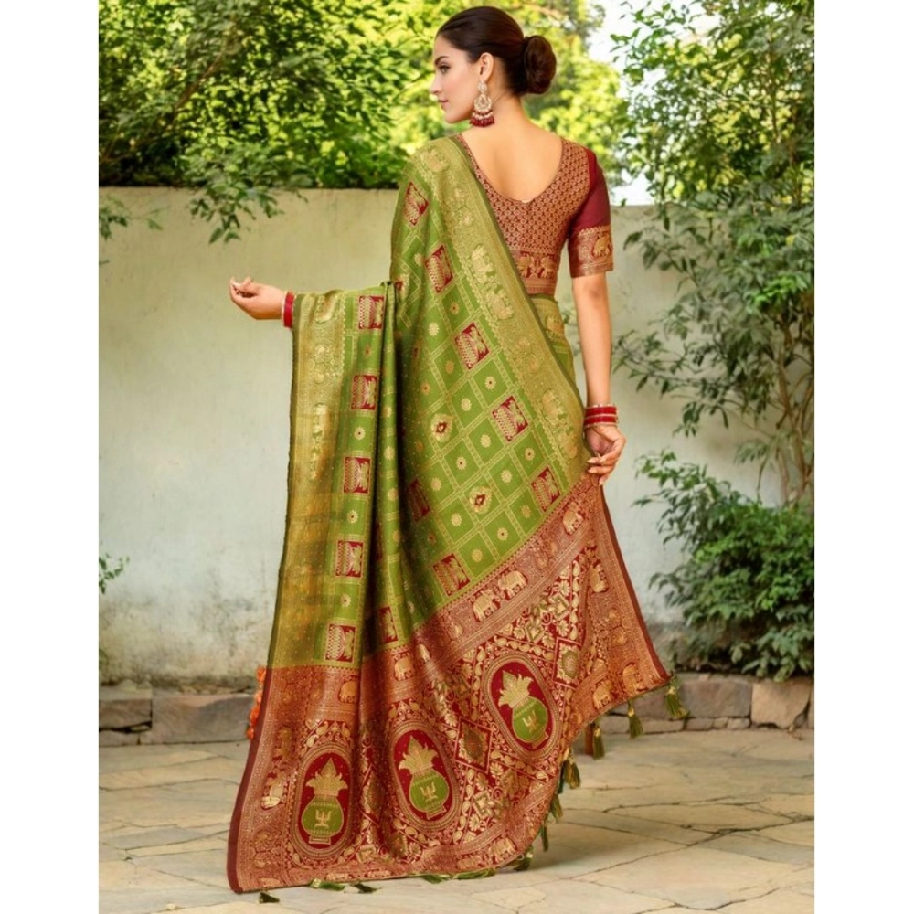 Generic Women's Silk Blend Woven Zari Work Saree With Unstitched Blouse 5.5Mtr (Light Green) - Image 2