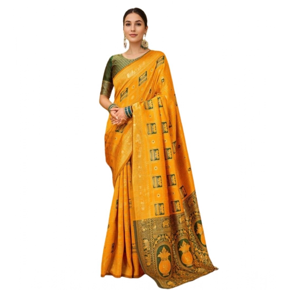 Generic Women's Silk Blend Woven Zari Work Saree With Unstitched Blouse 5.5Mtr (Mustard)