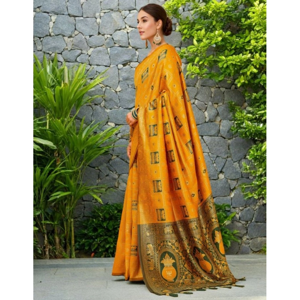 Generic Women's Silk Blend Woven Zari Work Saree With Unstitched Blouse 5.5Mtr (Mustard) - Image 4