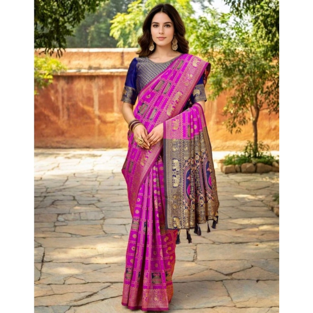 Generic Women's Silk Blend Woven Zari Work Saree With Unstitched Blouse 5.5Mtr (Pink) - Image 3