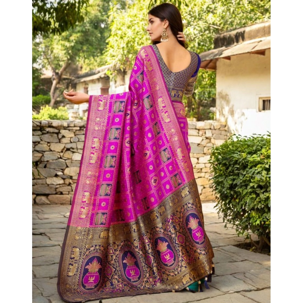 Generic Women's Silk Blend Woven Zari Work Saree With Unstitched Blouse 5.5Mtr (Pink) - Image 2