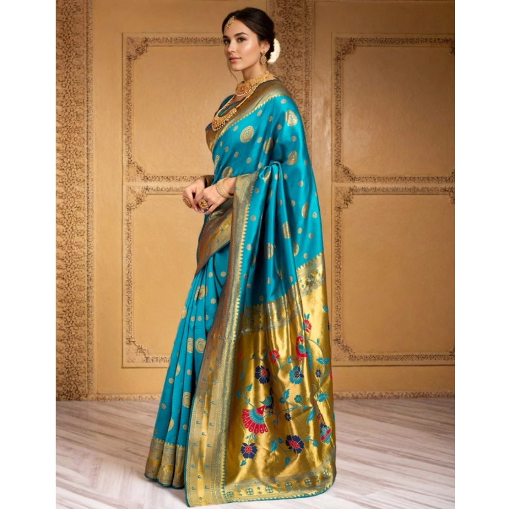 Generic Women's Silk Blend Paithani Saree With Unstitched Blouse 5.5Mtr (Rama) - Image 4