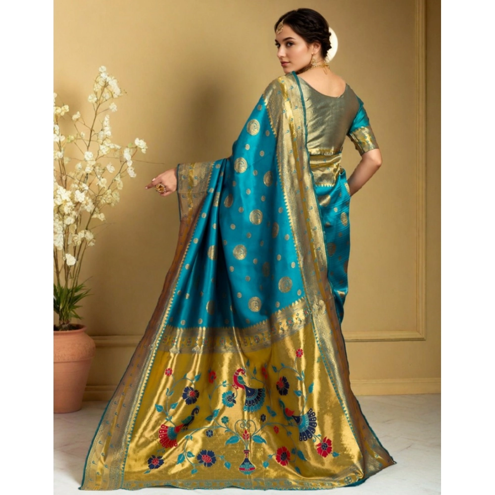 Generic Women's Silk Blend Paithani Saree With Unstitched Blouse 5.5Mtr (Rama) - Image 3