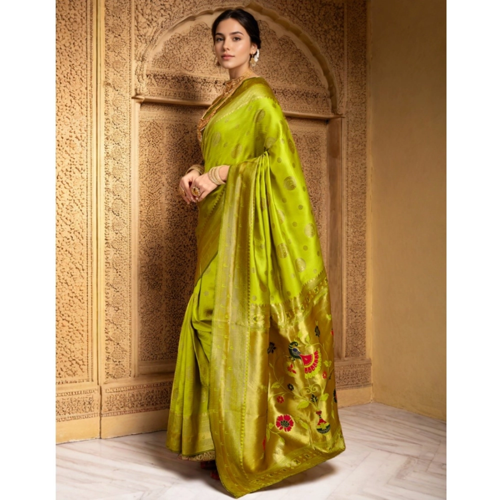Generic Women's Silk Blend Paithani Saree With Unstitched Blouse 5.5Mtr (Lime Green) - Image 4