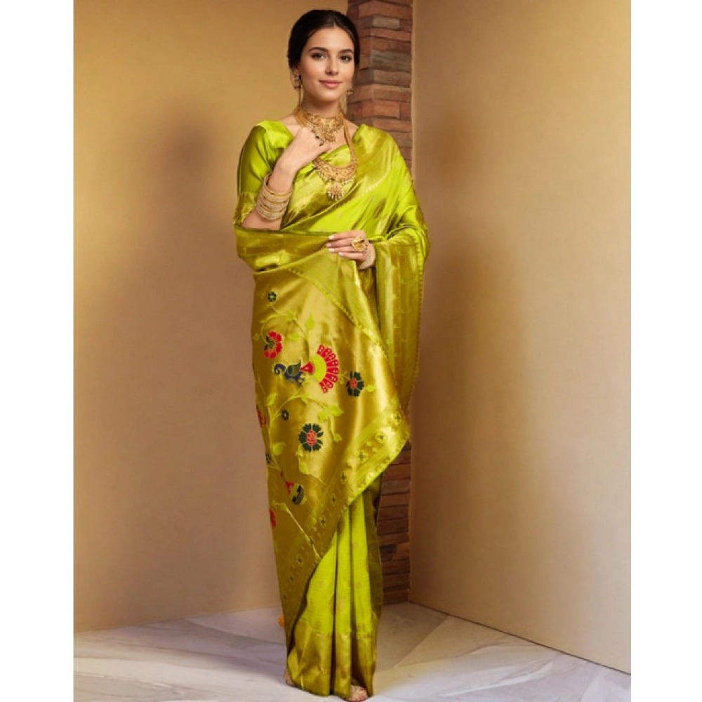 Generic Women's Silk Blend Paithani Saree With Unstitched Blouse 5.5Mtr (Lime Green) - Image 3