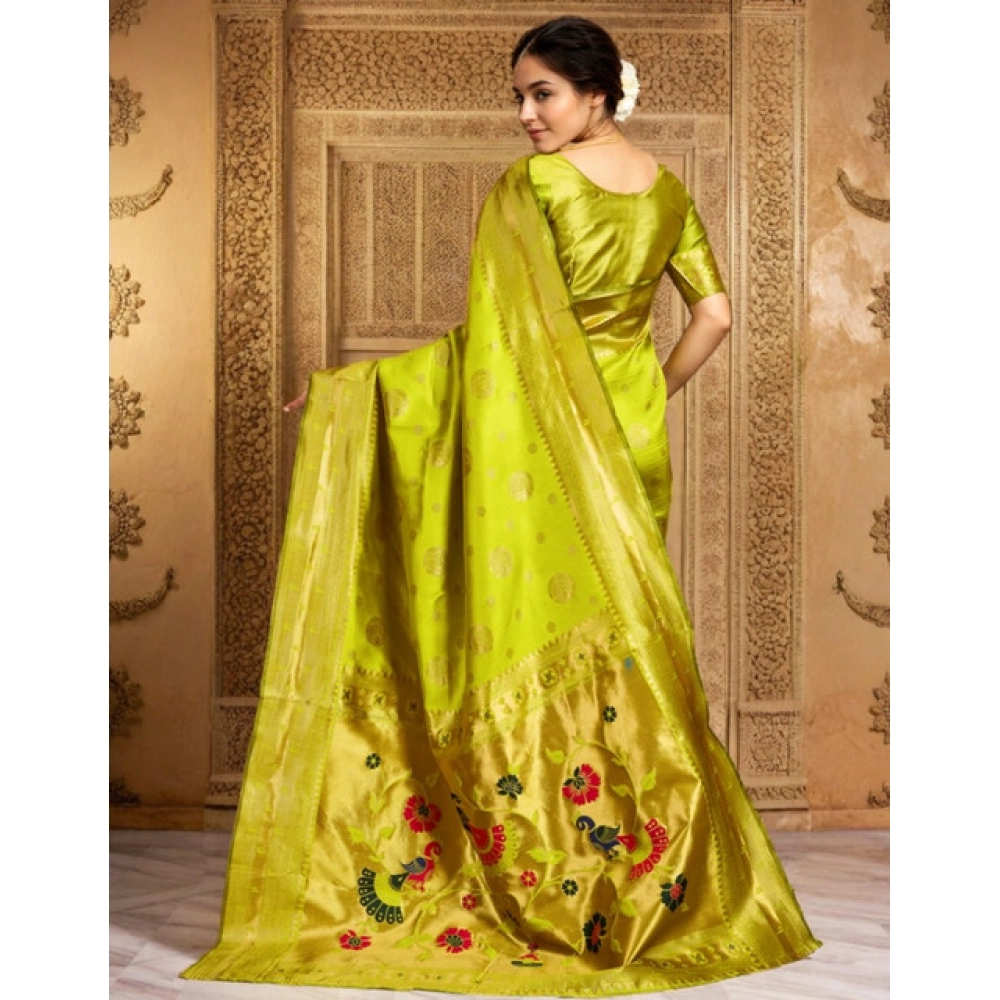 Generic Women's Silk Blend Paithani Saree With Unstitched Blouse 5.5Mtr (Lime Green) - Image 2