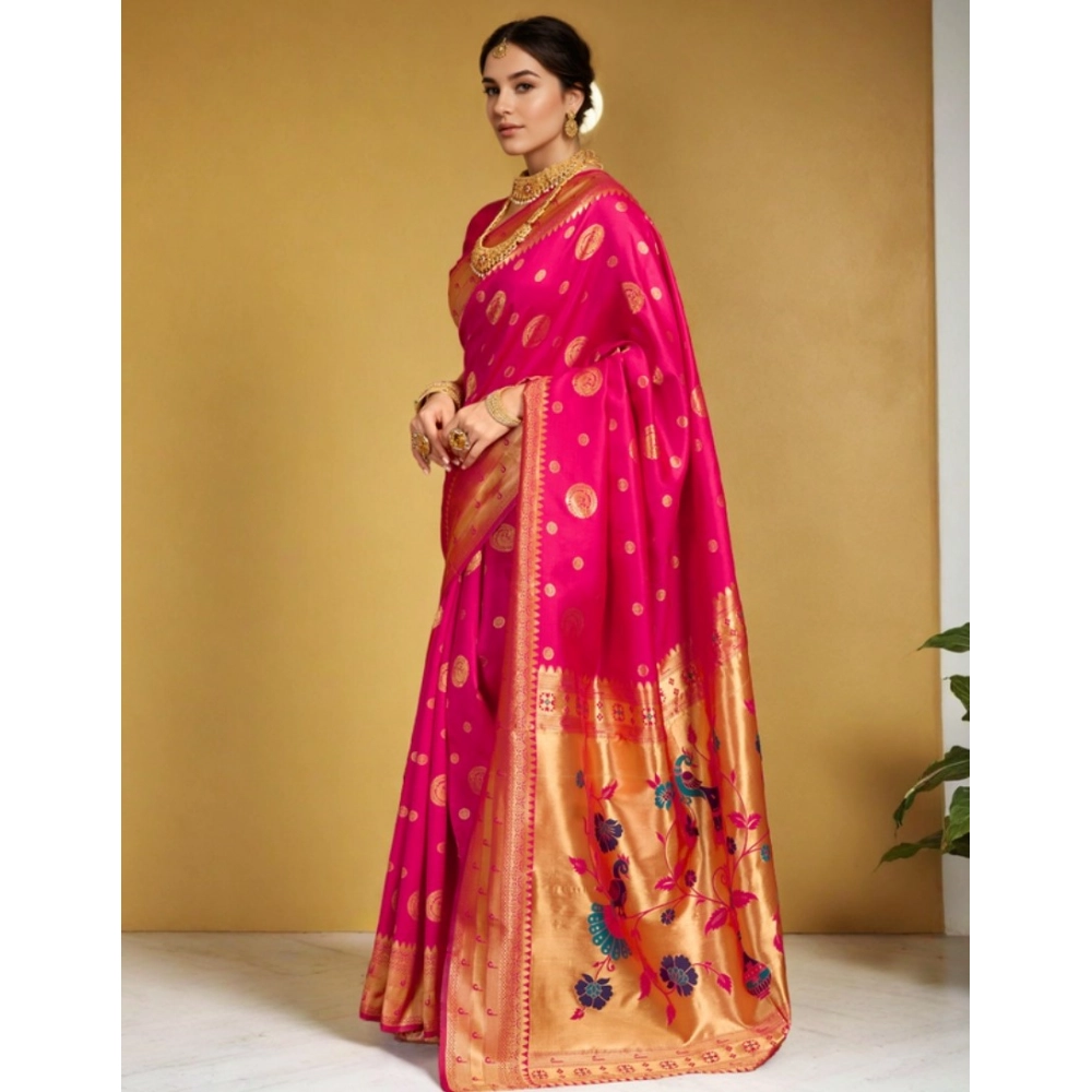 Generic Women's Silk Blend Paithani Saree With Unstitched Blouse 5.5Mtr (Pink) - Image 4