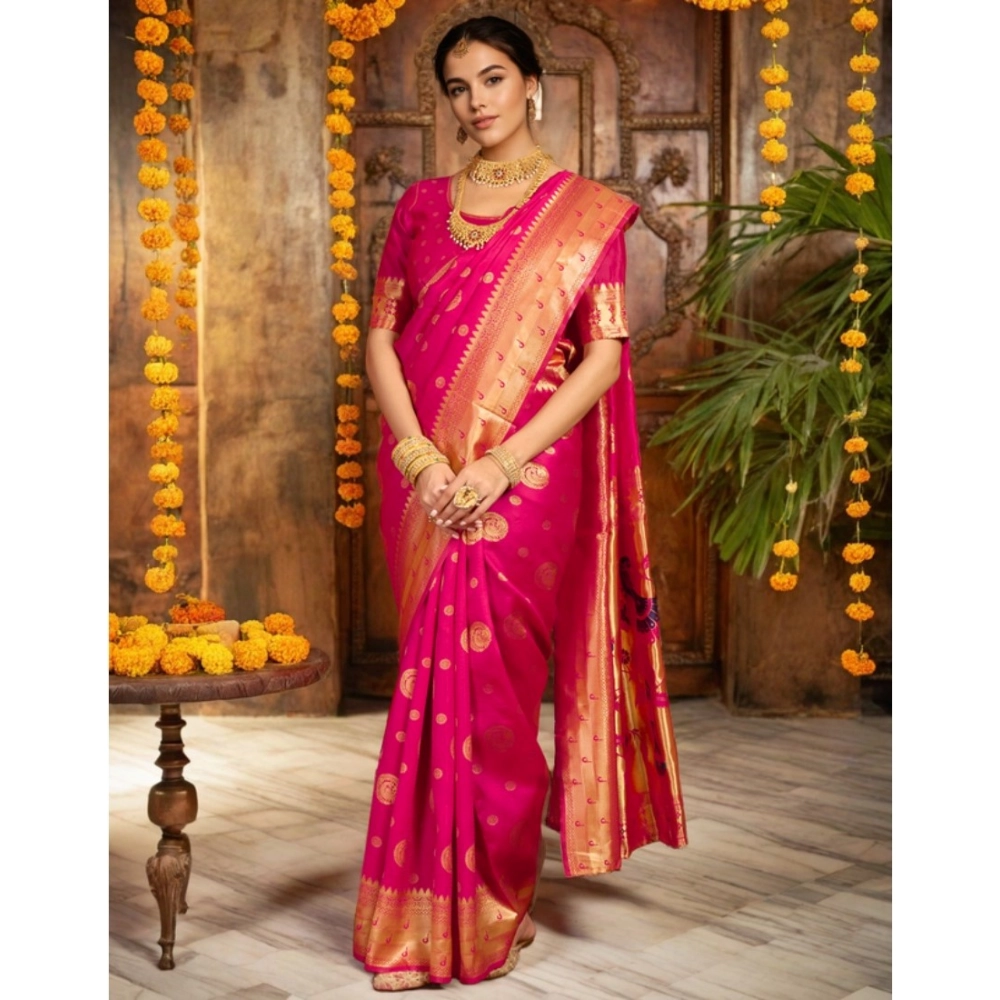 Generic Women's Silk Blend Paithani Saree With Unstitched Blouse 5.5Mtr (Pink) - Image 3